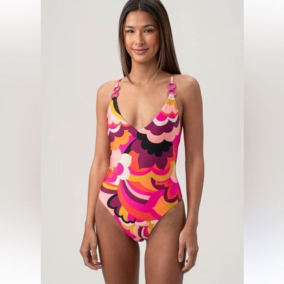 Trina Turk FAN FAIRE TWIST BACK HALTER PLUNGE ONE PIECE SWIMSUIT - Picture 1 of 9